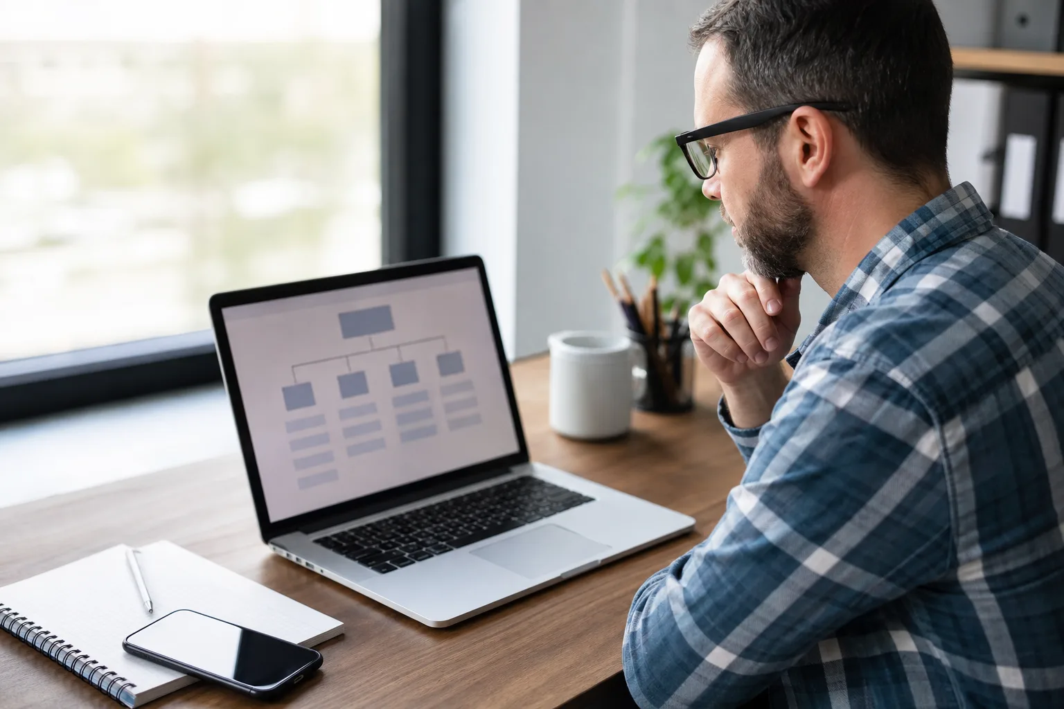 Vállalkozó WordPress weboldal szerkezetét ellenőrzi laptopon