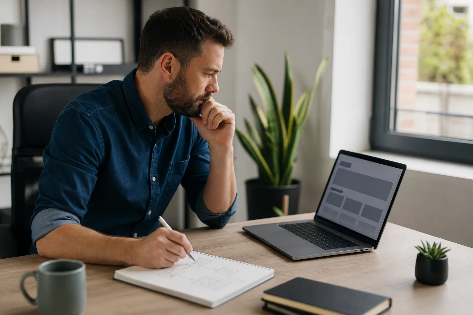 Vállalkozó WordPress weboldalának kezdőoldalát tervezi laptopon